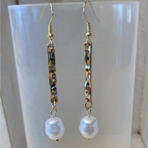 Elegant Gold Plated and Pearl‎ Drop Earrings, Gold Wires. Handmade